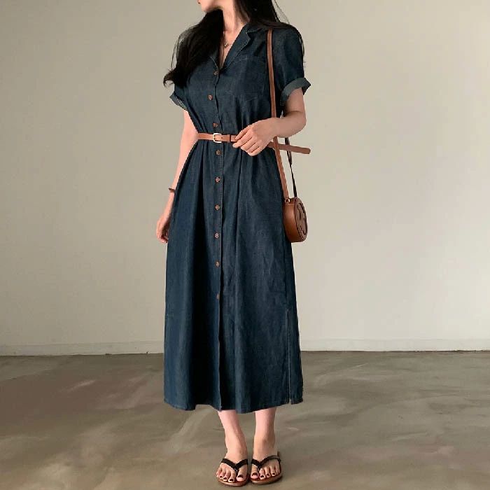 デニム ワンピース 春 夏 秋 半袖 レディース シャツワンピース カジュアル デニムワンピース ロング丈 ゆったり 体型カバー 大きいサイズ ワンピース 可愛い おしゃれ 無地 Aライン きれいめ 着痩せ シンプル 送料無料 ベルト付き 3
