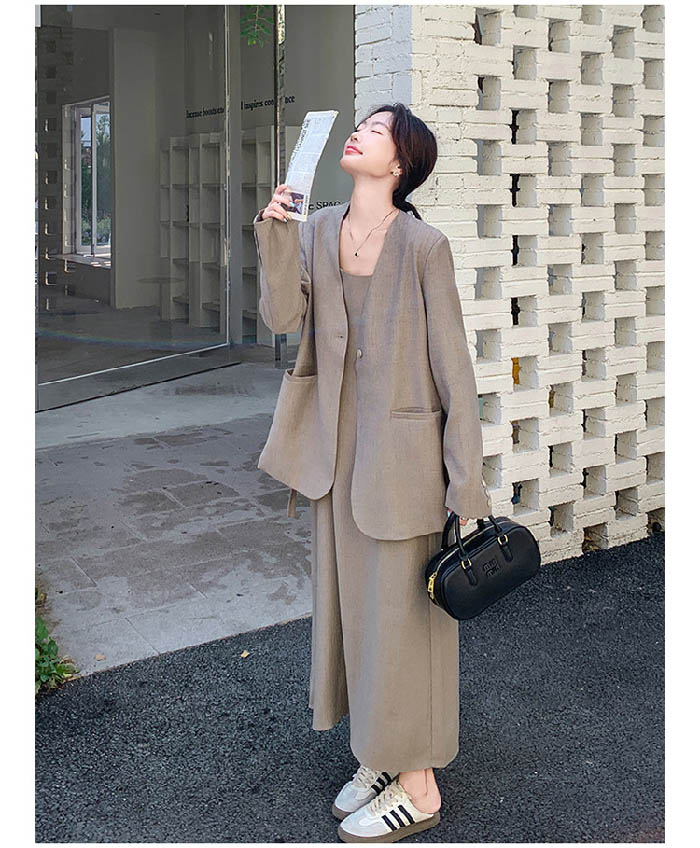 セットアップ レディース ワンピーススーツ 2点セット ワンピース キャミワンピース ジャケット ノーカラー ワンピース ジャケット 長袖 春 秋 Vネック ジャケット 着痩せ 女性らしい きれいめ お洒落 オフィス フォーマル 通勤 OL