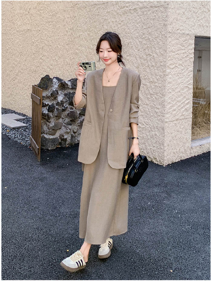 セットアップ レディース ワンピーススーツ 2点セット ワンピース キャミワンピース ジャケット ノーカラー ワンピース ジャケット 長袖 春 秋 Vネック ジャケット 着痩せ 女性らしい きれいめ お洒落 オフィス フォーマル 通勤 OL