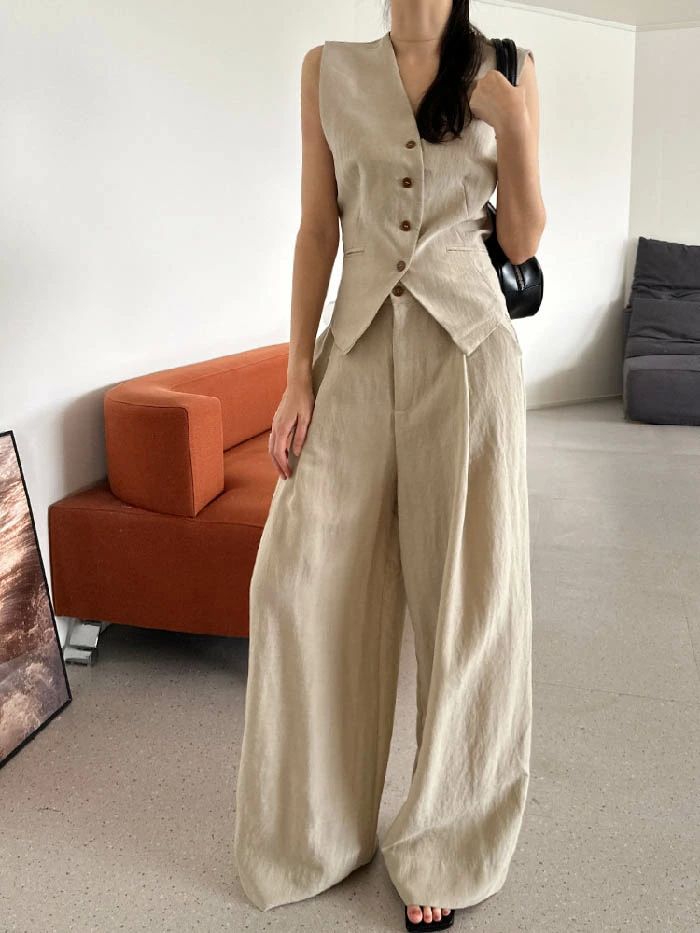 セットアップ レディース ベスト ワイドパンツ ジレ 後ろリボン ベスト2点セット パンツスーツ 春 秋 夏 着痩せ シンプル きれいめ お洒落 重ね着 レイヤード 体型カバー ゆったり カジュアル 通勤 通学 OL