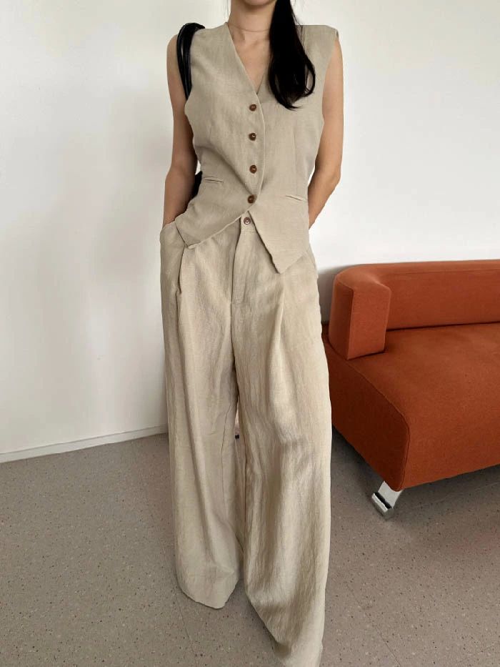 セットアップ レディース ベスト ワイドパンツ ジレ 後ろリボン ベスト2点セット パンツスーツ 春 秋 夏 着痩せ シンプル きれいめ お洒落 重ね着 レイヤード 体型カバー ゆったり カジュアル 通勤 通学 OL