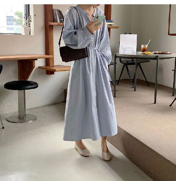 シャツワンピース 長袖 春 秋 ノーカラー シャツ ワンピース ロング丈 チュニック 大きいサイズ ロング丈 シャツ ワンピース 羽織り 秋 春 バンドカラー シャツワンピース ゆったり ビッグシルエット オシャレ シンプル カジュアル 着回し 2way