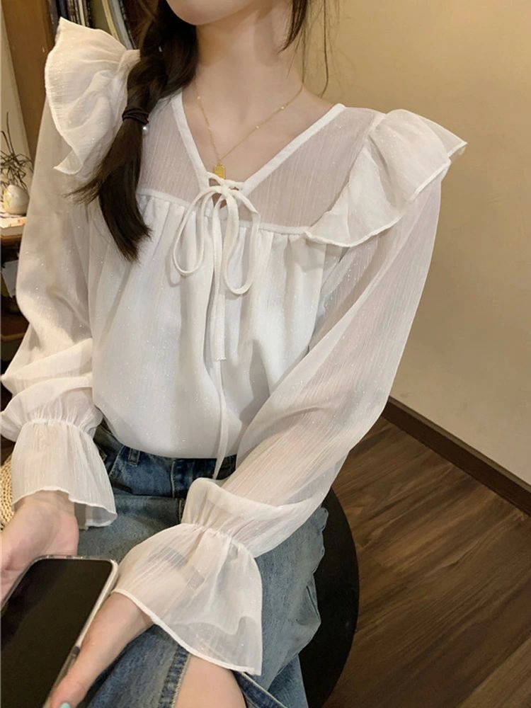 ボウタイブラウス レディース リボン ボウタイ 長袖 長袖シャツ リボンブラウス トップス シャツ 長袖ブラウス 軽い 薄い 無地 Vネック バルーン袖 ぽわん袖 通気性 透け感 大きいサイズ 通勤 シンプル おしゃれ 大人 通学 ビジネス 春夏 薄手 ゆったり 着痩せ カジュアル