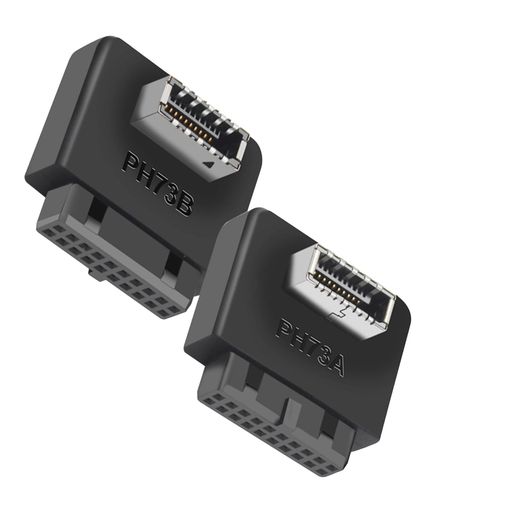 マザーボードアダプター。 互換性:USB 3.0 19/20ピンからType-Eマザーボードアダプター、タイプAとタイプBの両方の構成で異なるマザーボードレイアウトに対応。 デザイン:90度直角アダプター設計により、ケーブル管理に役立ち、狭いスペースでのコネクタへの負担を軽減します。 パフォーマンス:USB 3.0インターフェースを介して最大5Gbpsの高速データ転送速度をサポートし、フロントパネル接続を最適化します。 プラグアンドプレイ:ドライバーのインストール不要 - アダプターをマザーボードのUSB 3.0ヘッダーに接続するだけで、すぐに機能します。 汎用性:デュアルパッケージには、タイプA(PH73A)とタイプB(PH73B)の両方のアダプターが含まれており、さまざまなマザーボード構成との互換性を確保します。