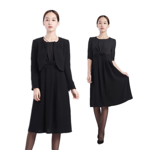 [SYOKYO]ブラックフォーマルレディース礼服アンサンブルノーカラージャケットとワンピース喪服洗える冠婚葬祭(7号ブラックA)