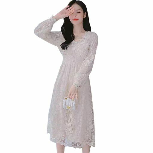 [PH.YZBBDPG]ロングワンピースレディースワンピースレース長袖花柄VネックピーチワンピハイウエストAラインミモレ丈ロング丈パーティー通勤二次会結婚式