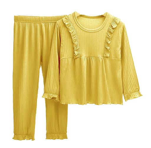 [VIISEN]女の子長袖パジャマ薄無地ルームウェア女児子供キッズフリルパジャマ2点セット可愛いお姫様春..