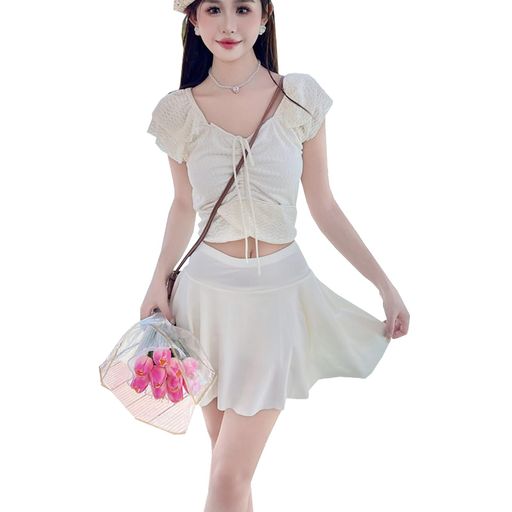 [CoeFodMavo]水着レディース2点セットタンキニフリルスリーブハイウエストショートパンツアフレスカート上下セット大人上品可愛い韓国おしゃれ海温泉旅行着痩せ体型カバー春夏秋冬