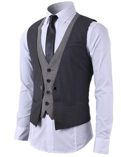 [Mentrend-Leisure]メンズフェイク2枚ジレベストスーツ仕立てビジネススーツチェーン付きグレーS