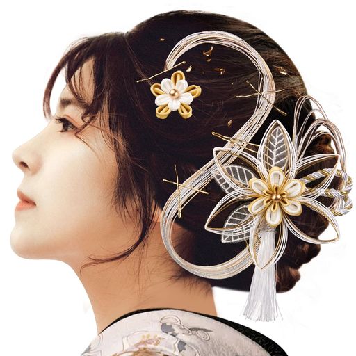 [OTAKUMARKET]髪飾り成人式水引き和装袴卒業式着物浴衣髪飾りコームヘアアクセサリー金箔ゴールド黒白2カラー(白ゴールド)