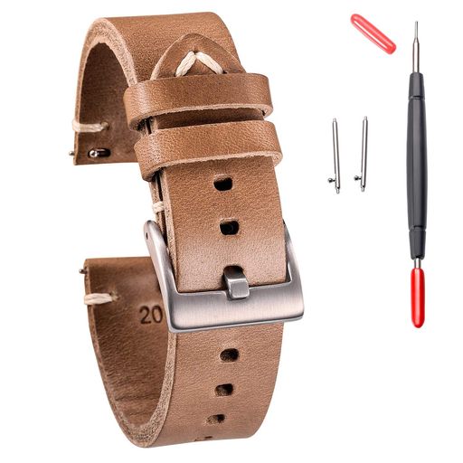 時計バンド 本革腕時計バンド 19mm カーキ色 Horween Chromexcelソフト革素材 ヴィンテージ風 ハンドメイド クイックリリース工具付き テンレスシルバー時計バックル尾錠