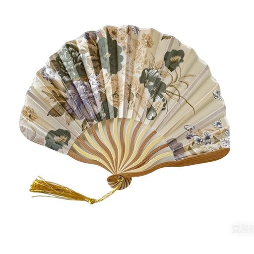 [Dganli]扇子レディース高級折り畳み竹製竹骨和柄軽量和風せんす布扇子和風扇子シェル型扇子布ナチュラ..