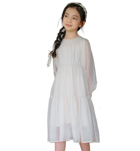 [Beveaya]子供長袖フォーマルワンピースシフォン女の子発表会ドレス結婚式演奏会パーティー法事葬式春夏秋冬ベージュ150