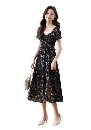 [セイラ]ワンピース夏花柄ワンピース可愛いパフスリーブUネックロング丈フレアスカートドレス半袖レディースAラインワンピースゴムウエストハイウエストカジュアルエレガントおしゃ…