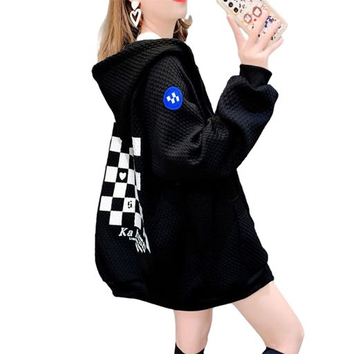 fyetemonレディースパーカーオーバーサイズファッション春秋冬トップス原宿風ストリート系着痩せ通勤通学(Mブラック)