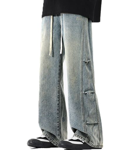 [Ffasnlido]デニムパンツメンズダメージジーンズワイドジーパンロングパンツゆったり大きいサイズコッ..