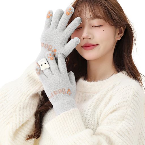 [Adcey]手袋レディース防寒手袋【寒い日でも手がぽかぽか·かわいい動物つめ柄·タッチパネル対応】暖かい保温ニット手袋スマホ対応猫かわいい柔らかいもこもこ伸縮性5本指グローブ自転…