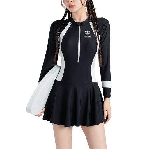 Rakuten - [EnagmourCheripo]胸パッド付き色合わせフリル水着レディースフレアワンピース体型カバー軽量長袖お腹が隠れかわいい水着スカートオールインワン二の腕カバー海旅行プールビーチ水陸両用…
