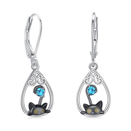StoryMidirピアスターコイズシルバー925金属アレルギー対応ねこフックピアス黒猫人気動物トルコ石揺れ..