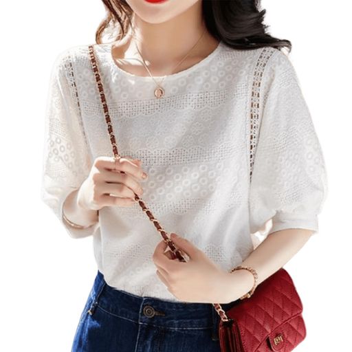 [Vincenthouse]tシャツレディースブラウス刺繍小花柄レーストップス半袖Uネックゆったり透かし編みおし..
