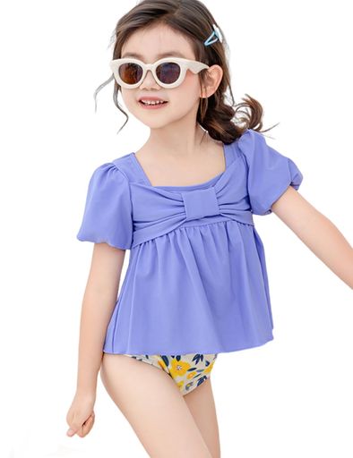 [AILITI]水着キッズ女の子セパレート3点セット子供用水着パフスリーブ半袖トップスショートパンツスイムキャップ速乾幼児小学生紫外線対策(ライトパープル)