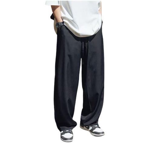 [BXINF]ワイドパンツメンズズボン夏用ストレートパンツ冷感夏服ャンブレーずぼん大きいサイズボトムス上品ピンタックロング丈イージーぱんつゆったり春夏(JPアルファベットL黒です)