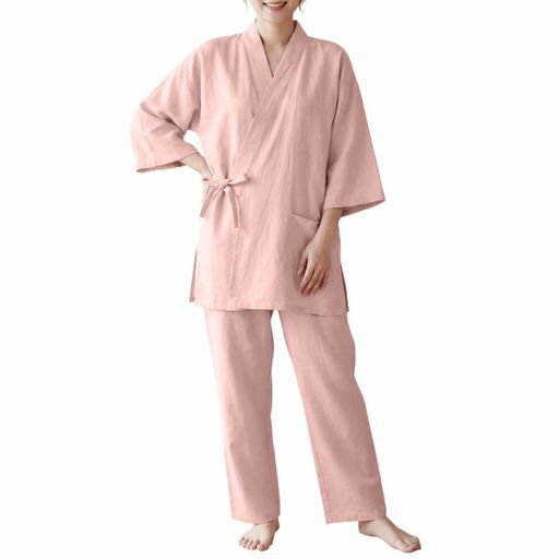 [YunXiozyStar]パジャマ専門店レディース浴衣無地甚平レディースユニセックス夏着物作務衣女性のしじら織り前開き上下セット長袖長ズボンお部屋着おうちで和柄和服ゆるい