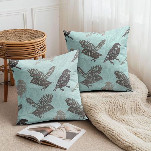 PAKAZAクッションカバー飛翔する鳥のシルエットフロッタージュ風鳥好き動物羽根自然愛鳥家ナチュラル45x45cm2枚セット森植物園ペットイ..