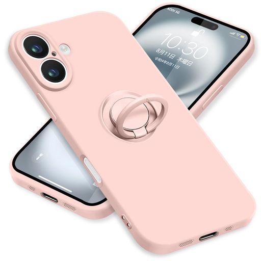 Rakuten - ZHUAZHULEケース用のiPhone16アイフォン16スマホケースリング付きシリコンスタンド機能カバー耐衝撃レンズ保護360°回転車載ホルダーストラップホール付き滑り止め指紋防止薄型(ピンク)