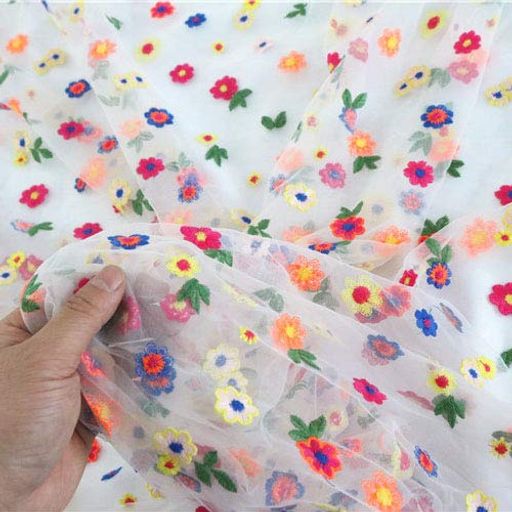 幅130cmx長さ95cmのうれしそうなカラフルな小さな花刺繍レース生地