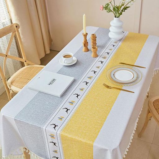 Hopeholicテーブルクロス撥水北欧おしゃれテーブルカバー防水防油汚れ防止お手入れ簡単長方形正方形フリンジ付きイベントダイニングtableclothイエロー&グレー140x200cm