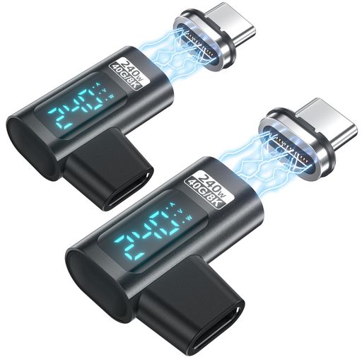 USBC磁気アダプターPD240W2個(gè)パック24ピンUSBC90度アダプター電圧電流パワースマートLEDディスプレイ40Gbps8K60HzビデオiPhone16/15用USB4SteamDeckROGAlly