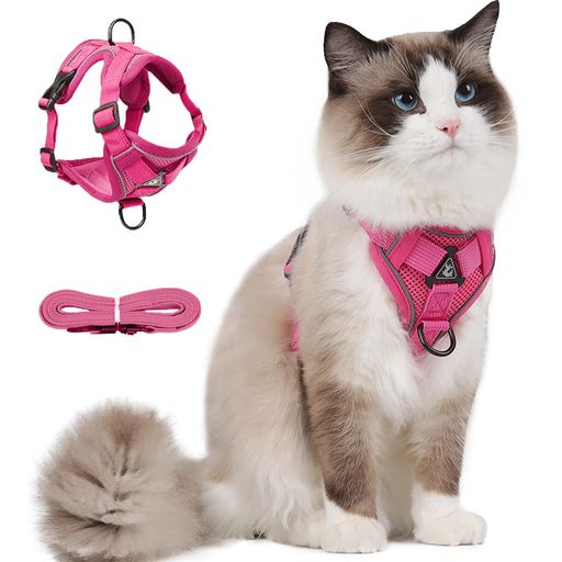 Paipeper猫ハーネス胴輪リード抜けないダブルロック猫用品オシャレ小型犬兼用反射素材かわいいメッシュ軽量通院災害避難お散歩10色展開(ローズピンクXL)