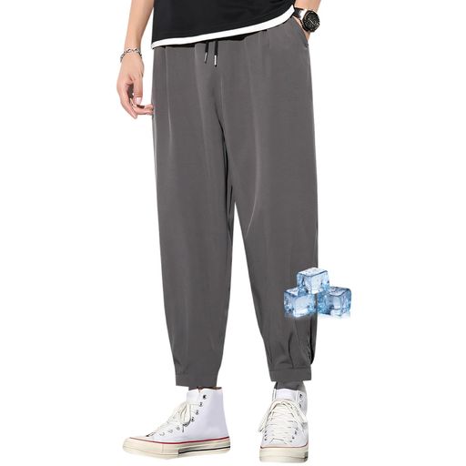 [Kayiyasu]パンツメンズ接触冷感アイスシルクパンツ夏ひんやりゆったりM-4XL9分丈薄手イージーズボン大きいサイズエア涼感涼しい通気性調整紐快適無地ウエストゴム軽量(Lグレー)