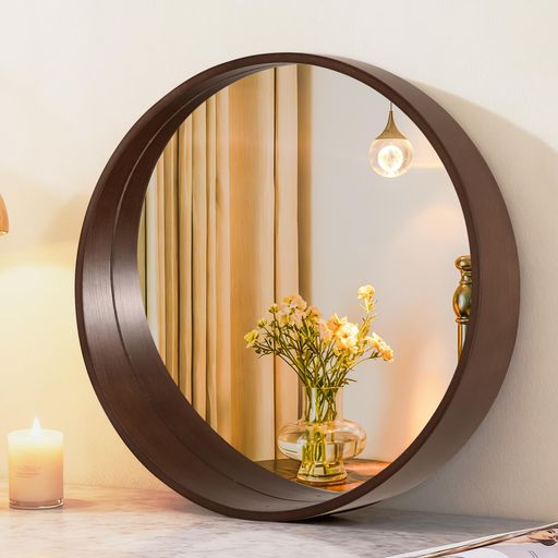 Browgrow壁掛けミラー壁掛け鏡木製鏡丸型ミラーウォールミラー天然木フレーム丸鏡円形鏡飛散防止洗面玄関化粧(ブラウン直径40cm)