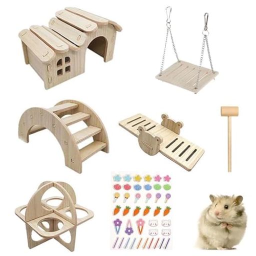 Squirrel - CHENLONBハムスターおもちゃ5個セット木製ミニブランコ小屋シーソー遊具遊び場面白いかわいい運動不足解消ストレス解消小動物用(実木色)