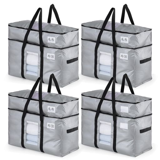 TAILI大きいバッグ特大二層引越し用4個パック収納ケース大容量透明窓防塵防水折りたたみ式キャンプ旅行収納用耐荷重銀色