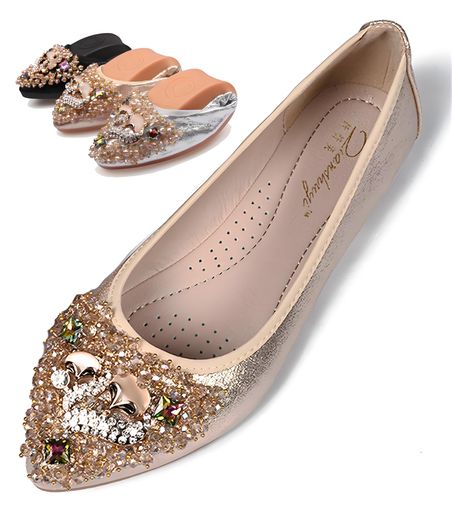 DADAWEN(ダダウン)折りたたみシューズレディース携帯パンプスビジュー飾り柔らかい痛くならないぺたん..