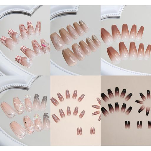 NIUANIUAネイルチップロング6セット(144枚入)ラウンドチップファッションつけ爪新しいつけづめ可愛い付け爪ネイルチップギャル両面テープウッドスティックネイルファイル付き