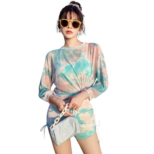 [StitchonWavex]水着専門店水着ビキニレディース3点セットセパレート温泉体型カバーショートパンツパット付きハイウエスト快適速乾ネクタイ染料セクシーファッション韓国風着痩せ大人海…