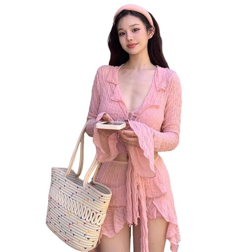 [Ishiharaliacceai]水着レディースビキニセット4点セットセパレートレース透け感リボン可愛い胸パッド付きハイウエスト肌守りおしゃれ温泉水着プール海水浴水泳水陸両用