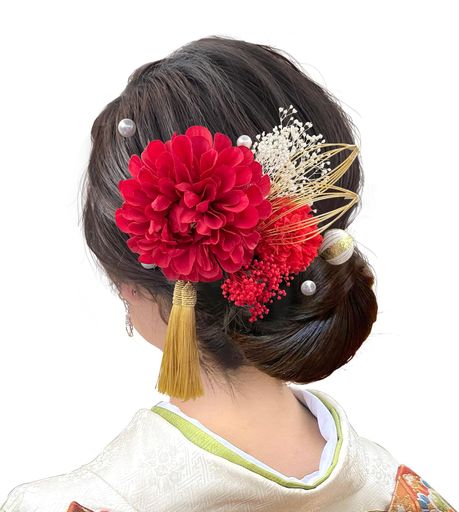 【Baramoly】髪飾り成人式ダリア和装着物振袖袴浴衣プリザーブドフラワー造花花飾り祭り花火大会卒業式七五三結婚式ウエディング謝恩会かわいい簡潔髪留めかすみ草和玉赤DL015