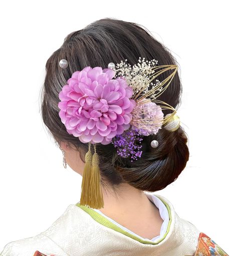 【Baramoly】髪飾り成人式ダリア和装着物振袖袴浴衣プリザーブドフラワー造花花飾り祭り花火大会卒業式七五三結婚式ウエディング謝恩会かわいい簡潔髪留めかすみ草和玉紫DL018