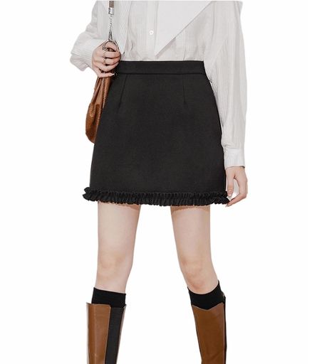 [HouseYayoi]スカート冬秋厚手レディースマイクロミニファスナーミニ丈無地ハイウエスト大人かわいいひざ上丈裏地付き女子高生通学通勤可愛いパイピングSkirtブラック黒XL