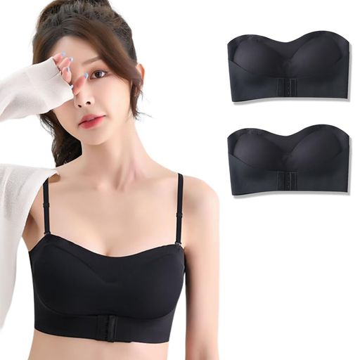 [FEISEDY]ストラップレスブラセット2枚組ノンワイヤー肩ひもなし滑り止め加工補正ブラ美乳ブラソフト脇高前ホック高弾性ずれ落ちない柔軟な肌触りチューブトップシームレスブラバスト…