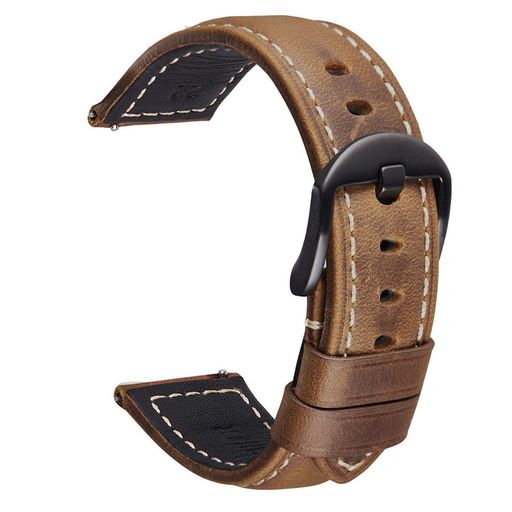 【商品情報】柔らかくて装着感が良い本革のクレージーホースレザー(crazyhoseleather)を使用しています。半艶消しの表面でレトロなスタイルが特徴です。ステッチされていて頑丈で耐久性があります。柔らかくて質感、縫製が優良な復古風腕時計ベルトです。 【サイズ】:時計取付幅:22mm剣先側長さ約120mm親側長さ約75mm。ご注文の前に時計バンドの幅を測定する。 【防水について】本革ですので、水濡れや長時間の使用には色褪せなどの状況が避けられません。直接に水浸透をご避け下さい。そして、革専用なクリーナーをご使用頂けます。 【簡単な取り付け】クイックリリース技術を利用し、バンドの取り付けを迅速に行うことができます。付属の交換用金具で、カチッという音とともに固定します。 【安心なメーカー保証】万が一商品に不具合がある場合は、弊社にご連絡いただければ日本語スタッフが迅速に対応いたします。ご購入後30日間は原則返品・返金対応致します。