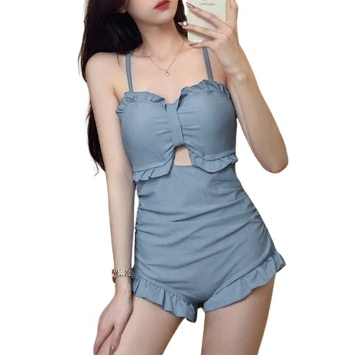 [Shanique]水着レディース体型カバーワンピース大きいサイズオールインワンおしゃれセクシースイムウェア露出控えめ可愛い着痩せ無地肩出し背中あきリボンフリルショートパンツ水陸両…