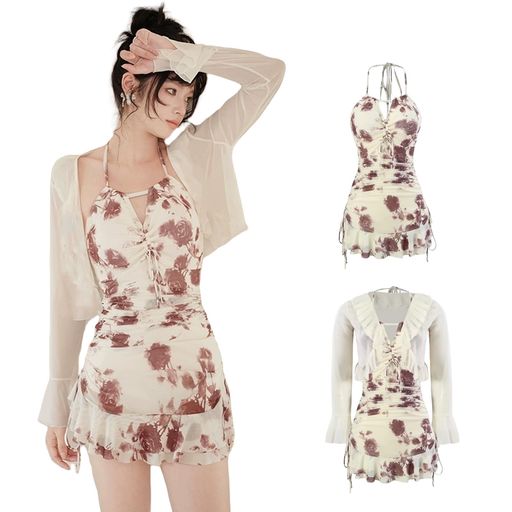 [VmiutyerLLOP]2点セット水着レディース花柄パット付きシアーポレロワンピースフリルリボンセクシー肩出し日焼け止め水陸両用かわいいおしゃれ
