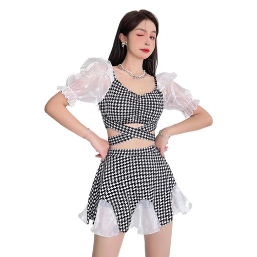 [Tumao]水着レディースワンピース2点セットビキニチェック柄千鳥格子スカート体型カバーレースハイウエストパッド一体型フリル上下水陸両用無地おしゃれかわいい海水浴プールビーチ旅…