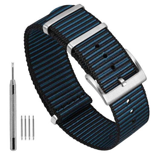 [Ayadoo]腕時計バンド20mm一体通しナイロン時計バンド防水防汗ストライプ交換ベルトブラック・ブルース..